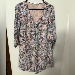 Lush Floral V-Neck Blouse - Pink and Blue